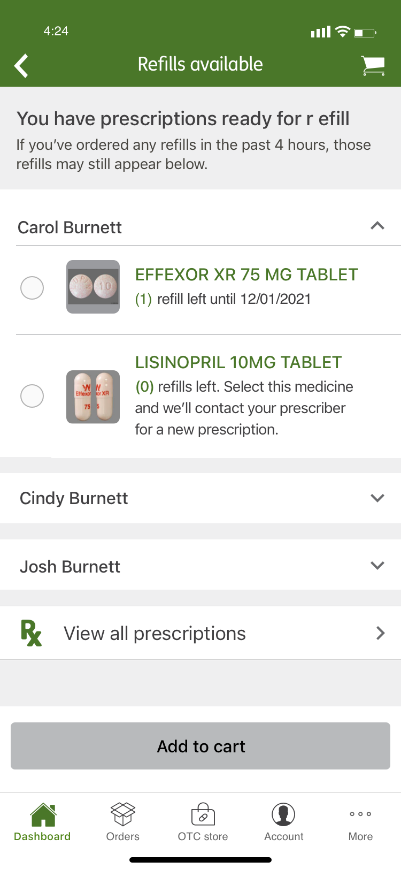 captura de pantalla del tablero de la aplicación móvil Humana Pharmacy