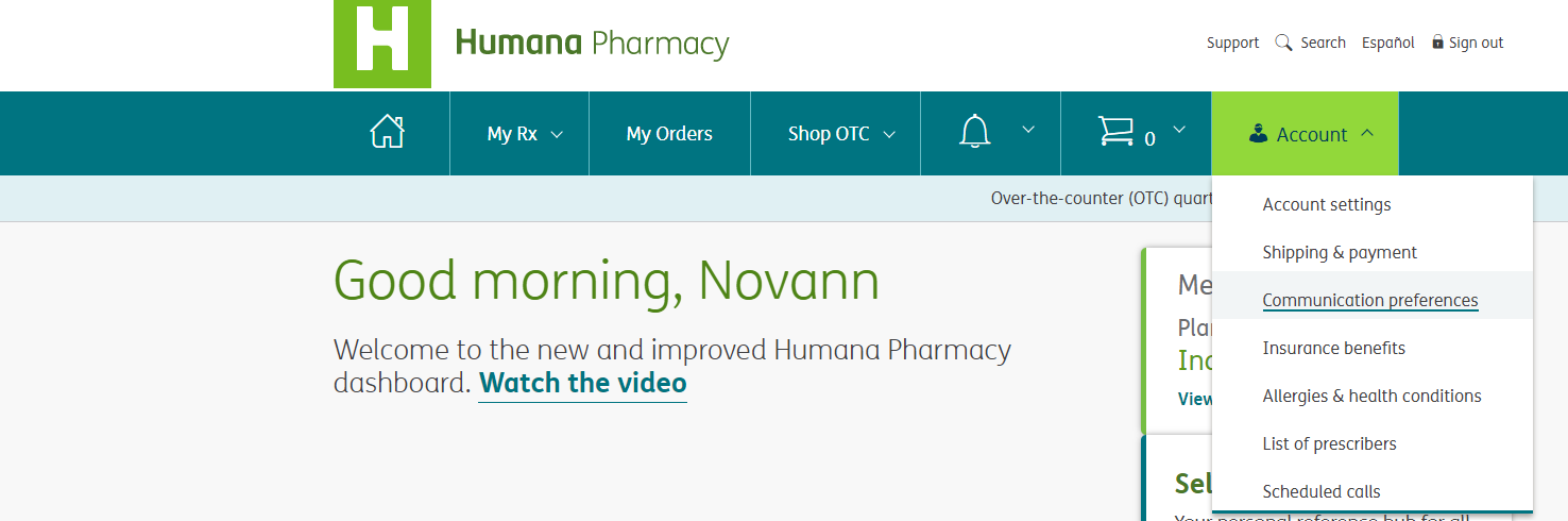 screenshot of Humana Pharmacy secure dashboard