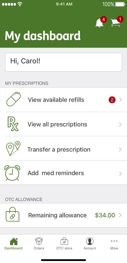 Una imagen que muestra cómo crear recordatorios de medicamentos en la aplicación móvil de Humana Pharmacy