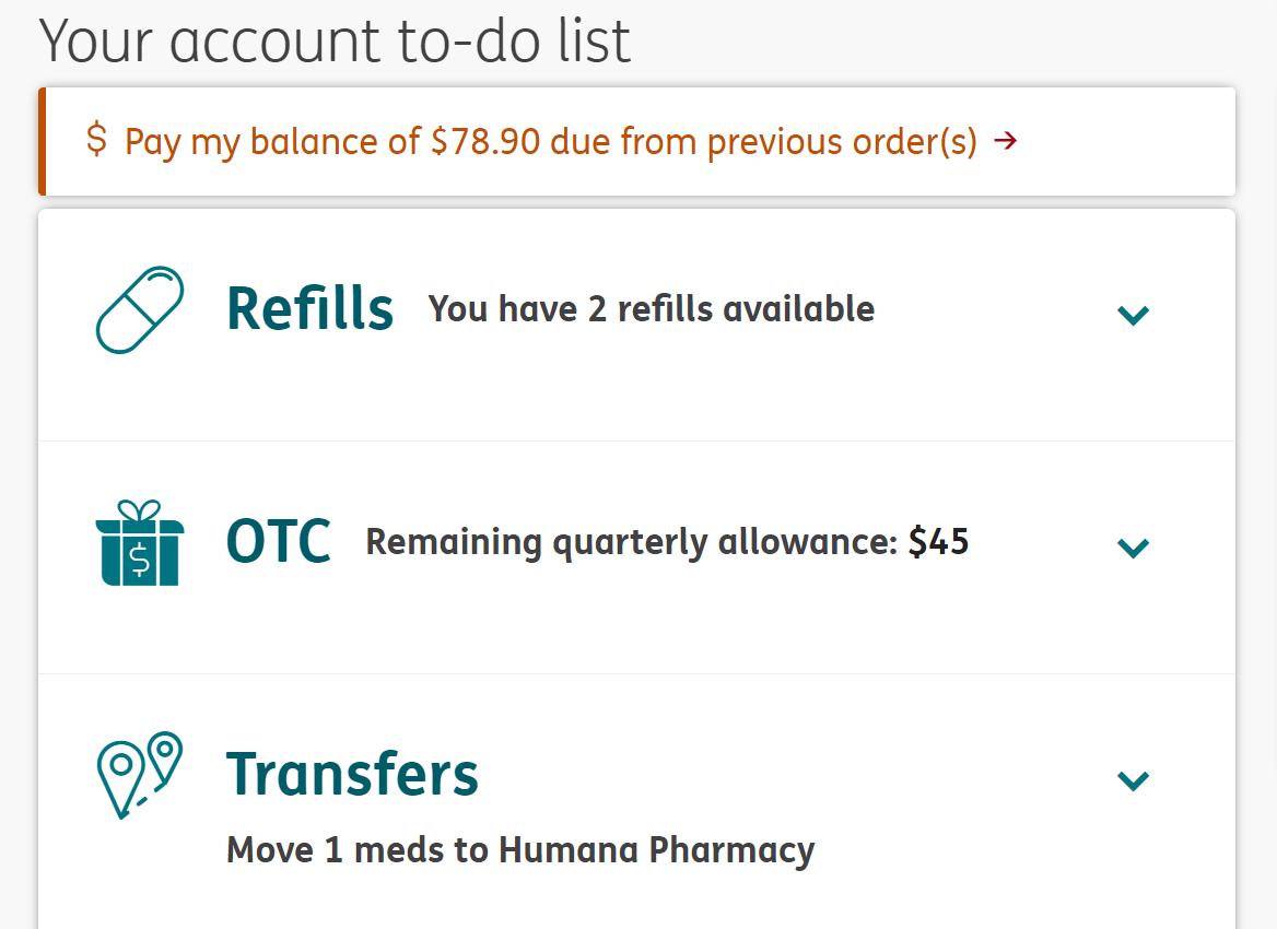 screenshot of Humana Pharmacy account dashboard.