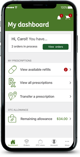 mobile app refills screen showing 2 medicines available for refill