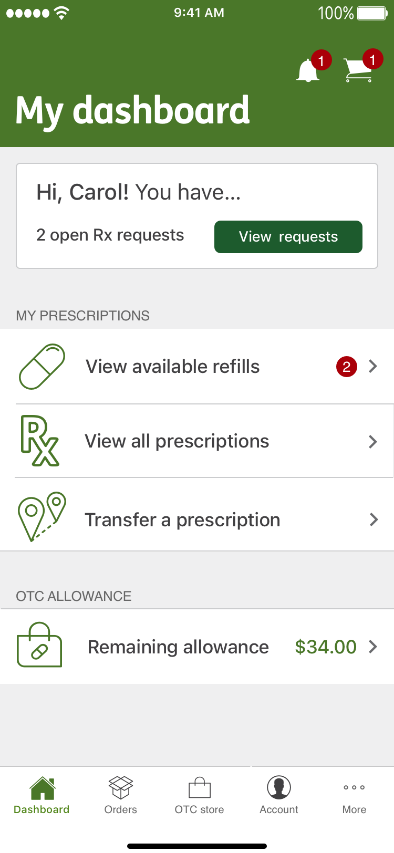 una captura de pantalla del tablero de la aplicación móvil Humana Pharmacy
